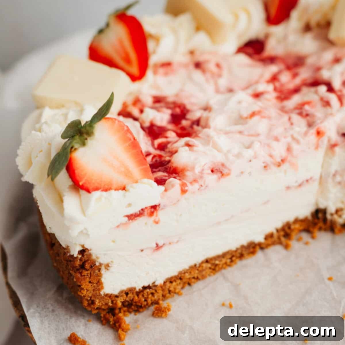 Effortless No Bake Strawberry White Chocolate Cheesecake 1 featured 11632