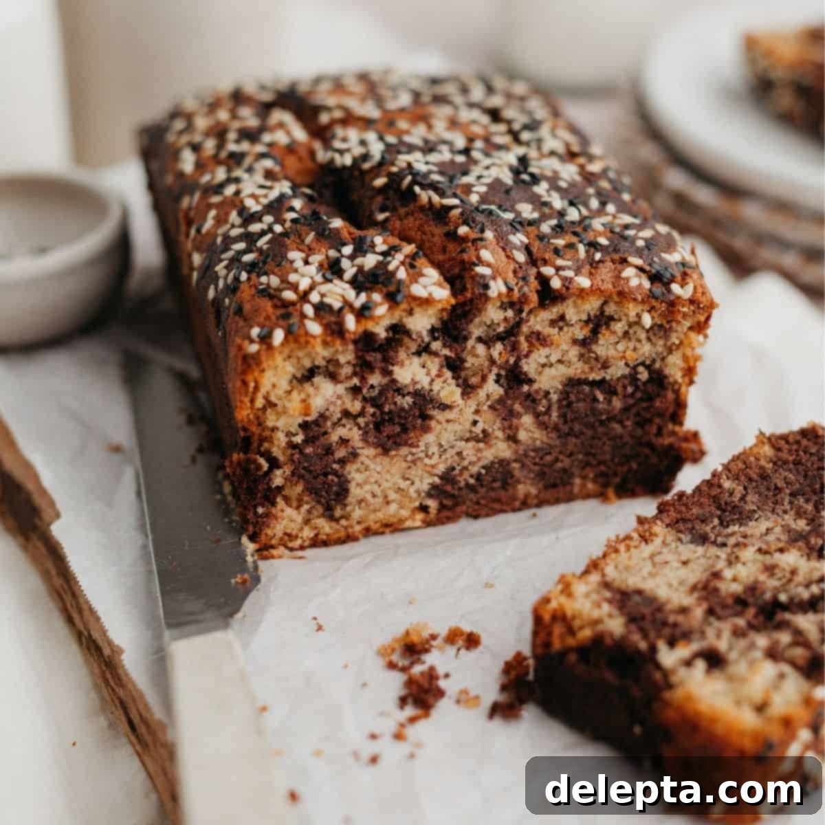 Chocolate-Tahini Swirled Banana Bread with Creamy Tang 1 featured 5417