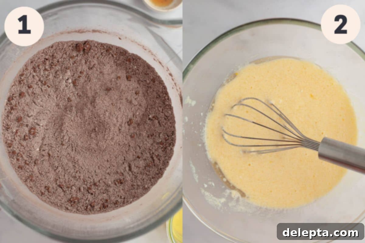 Ultimate Triple Chocolate Indulgence 5 Steps 1 and 2 in the triple chocolate layer cake baking process, showing dry ingredients mixed and wet ingredients whisked.