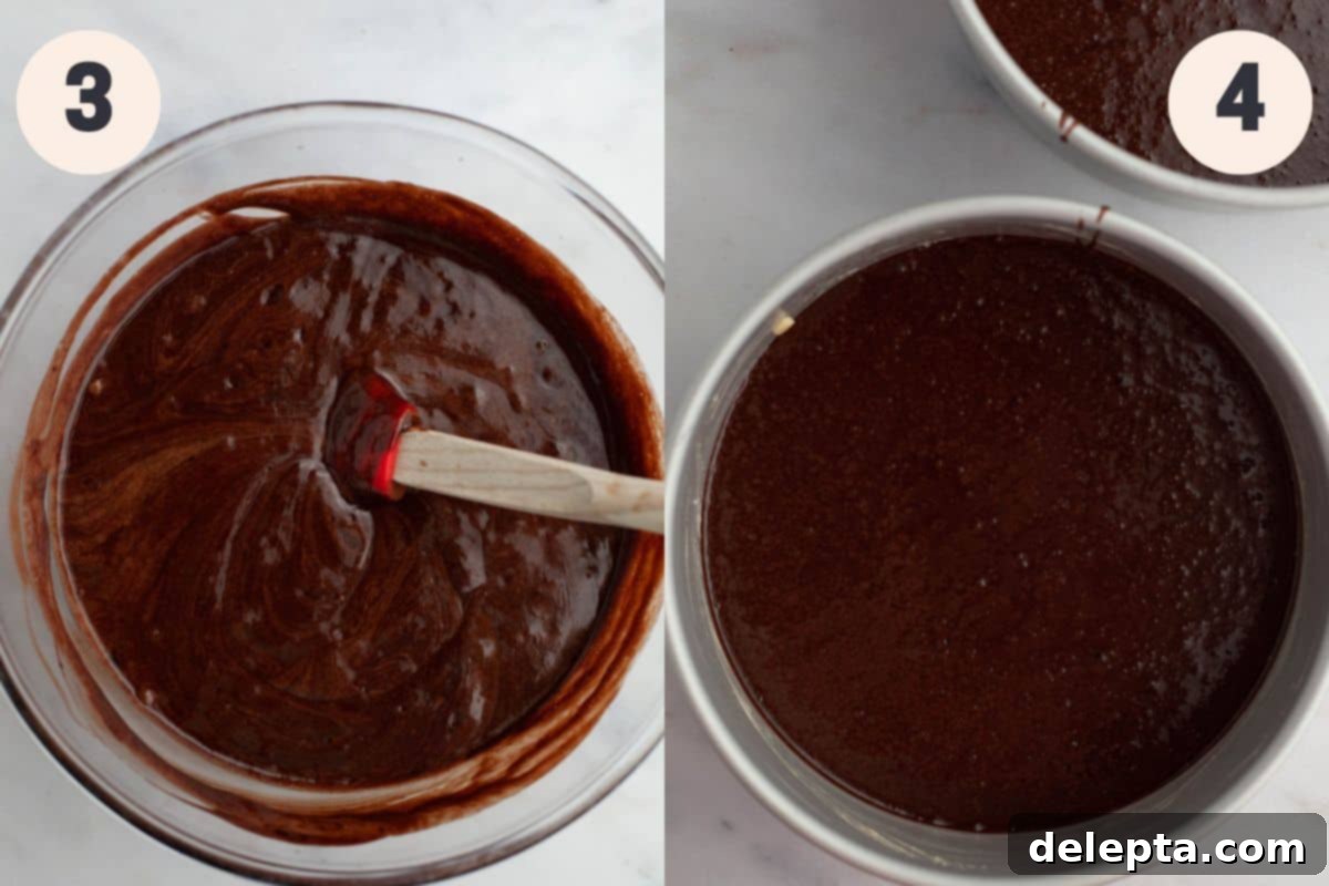 Ultimate Triple Chocolate Indulgence 6 Steps 3 and 4 in the triple chocolate layer cake baking process, illustrating the combination of wet and dry ingredients and pouring batter into pans.