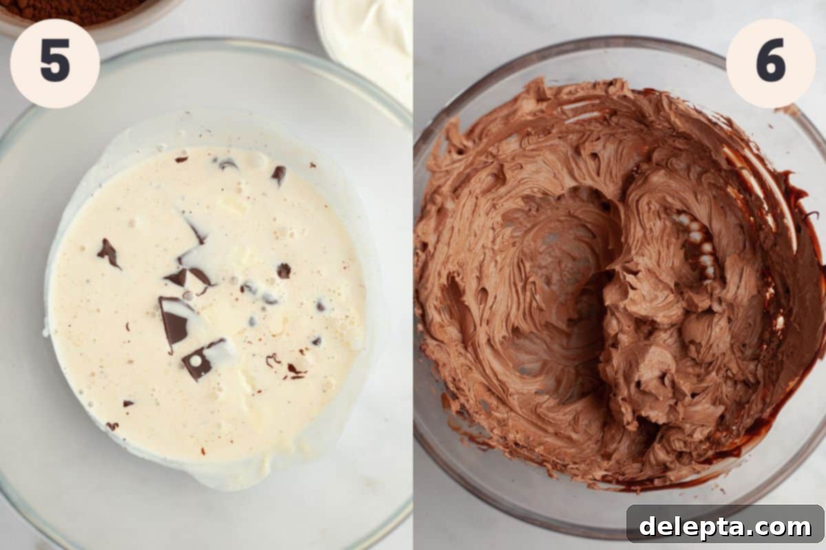 Ultimate Triple Chocolate Indulgence 7 Steps 5 and 6 in the triple chocolate layer cake baking process, focusing on making the chocolate ganache filling.