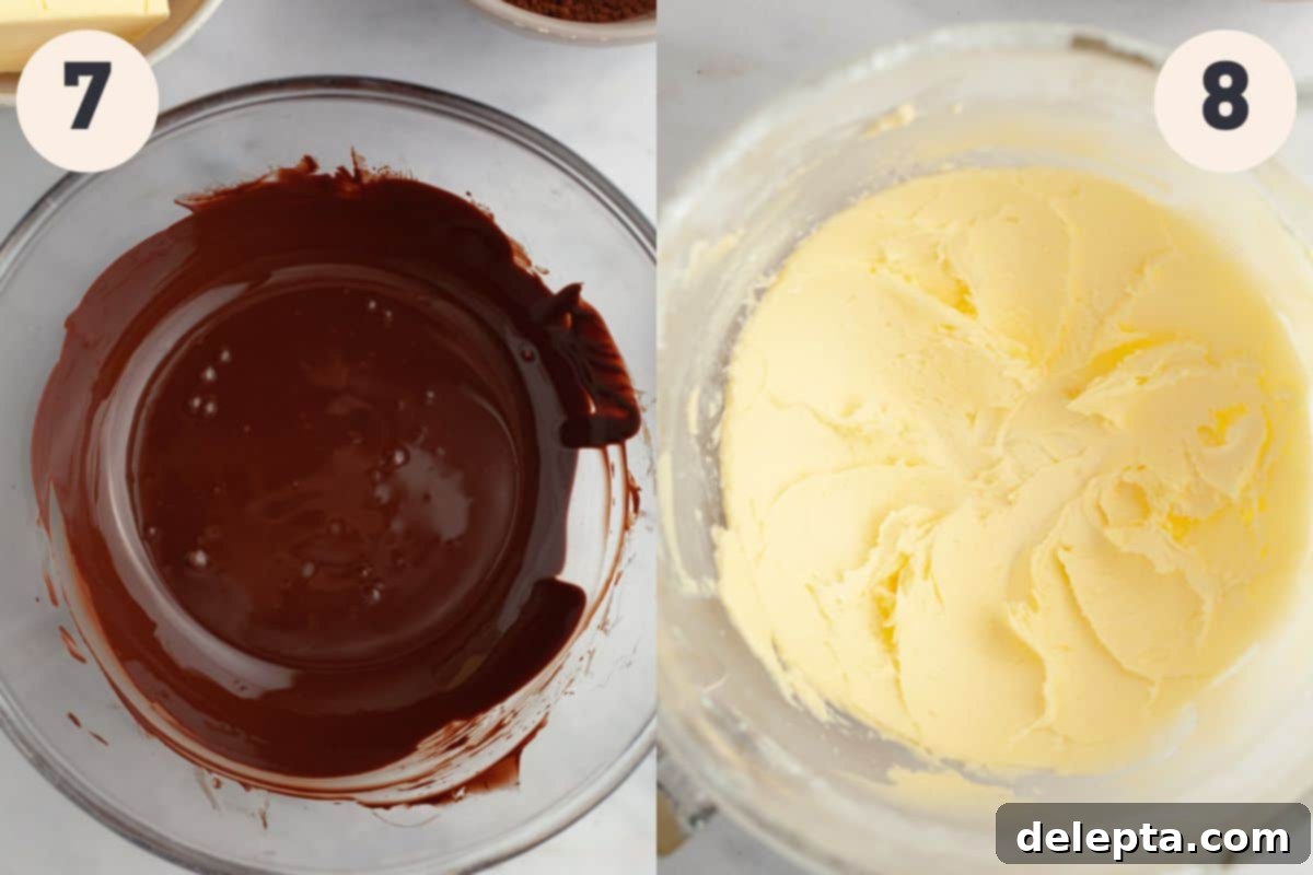 Ultimate Triple Chocolate Indulgence 8 Steps 7 and 8 in the triple chocolate layer cake baking process, detailing the melting of chocolate and initial frosting steps.