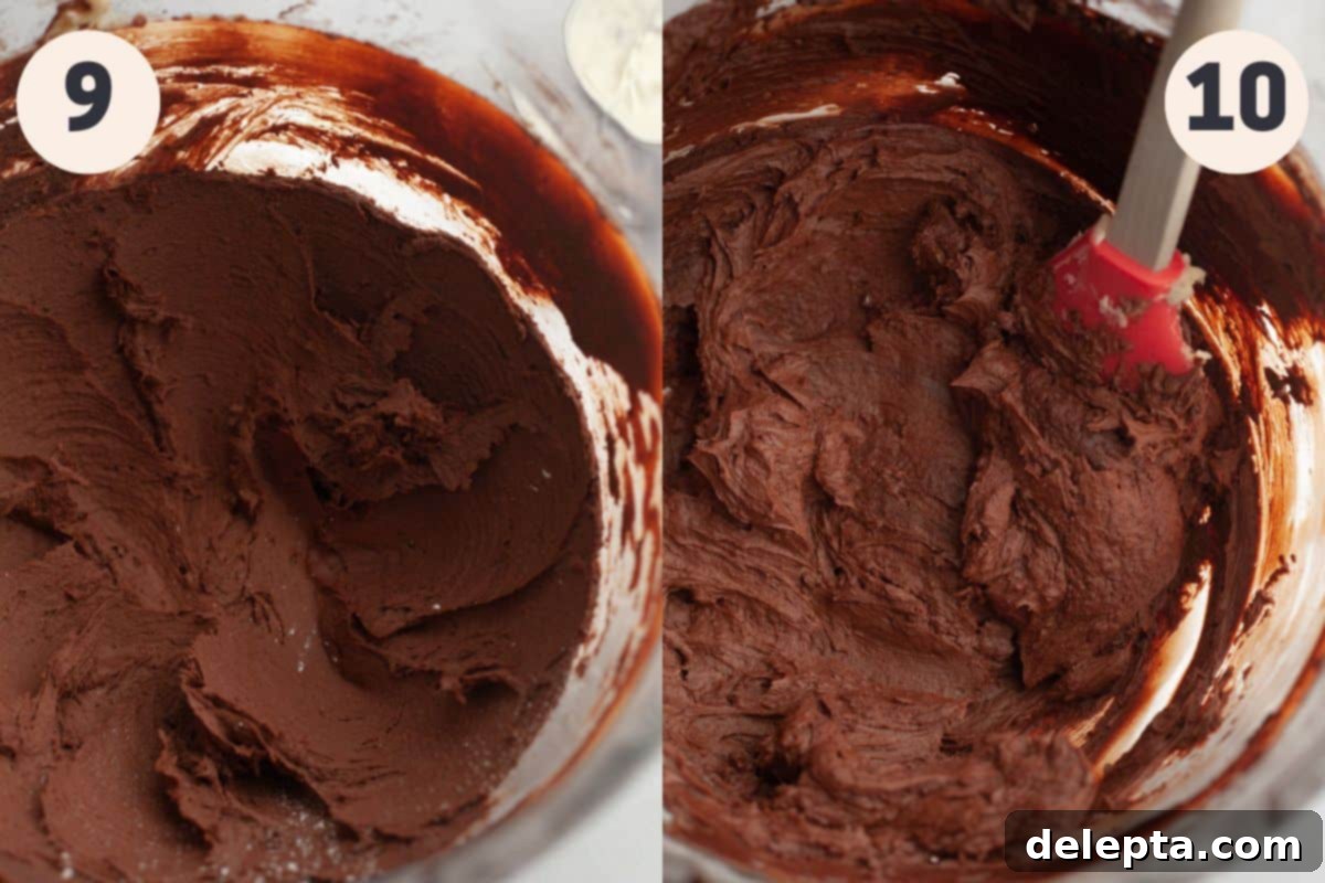 Ultimate Triple Chocolate Indulgence 9 Steps 9 and 10 in the triple chocolate layer cake baking process, showing the final stages of making the chocolate sour cream frosting.