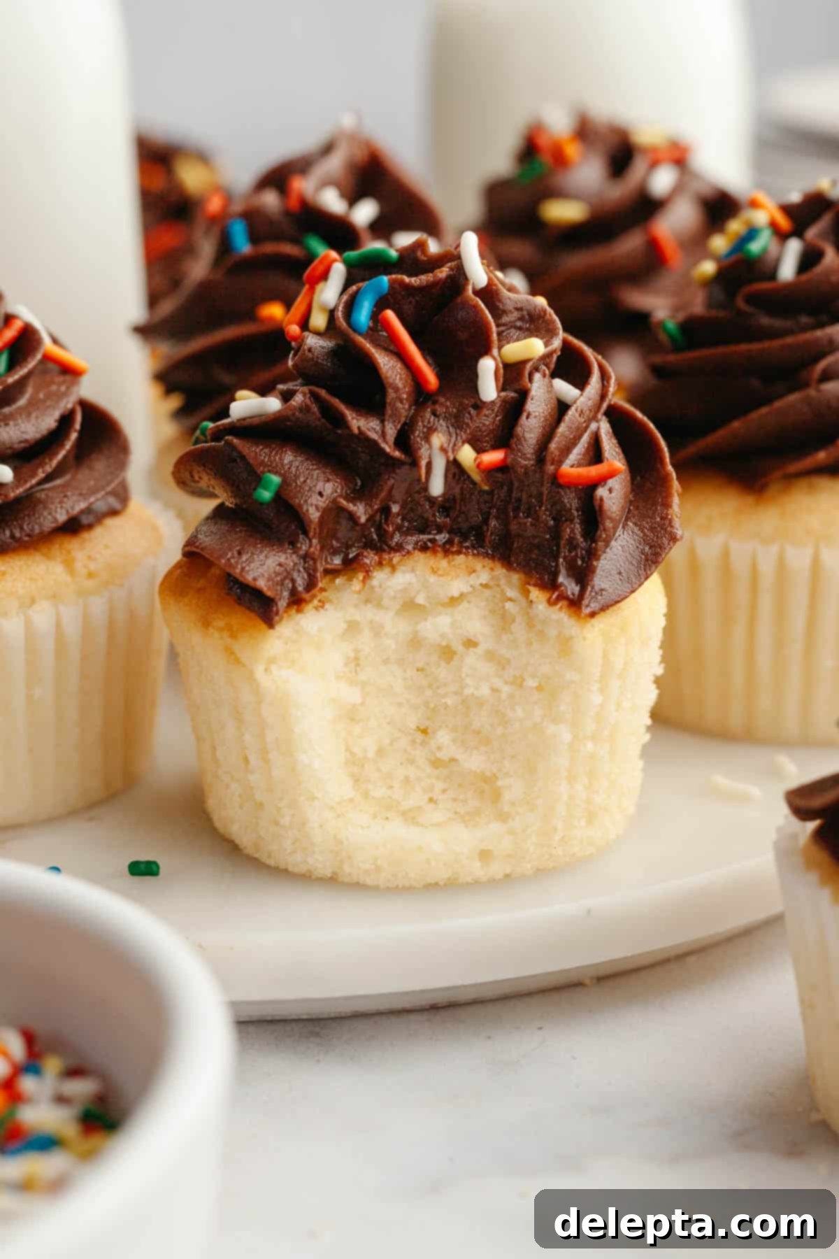Velvety Vanilla, Chocolate Bliss 2 A perfectly baked vanilla cupcake generously topped with luscious chocolate frosting and colorful rainbow sprinkles. Next to it are more frosted cupcakes, with a delightful bite taken from the main cupcake, showcasing its fluffy interior.