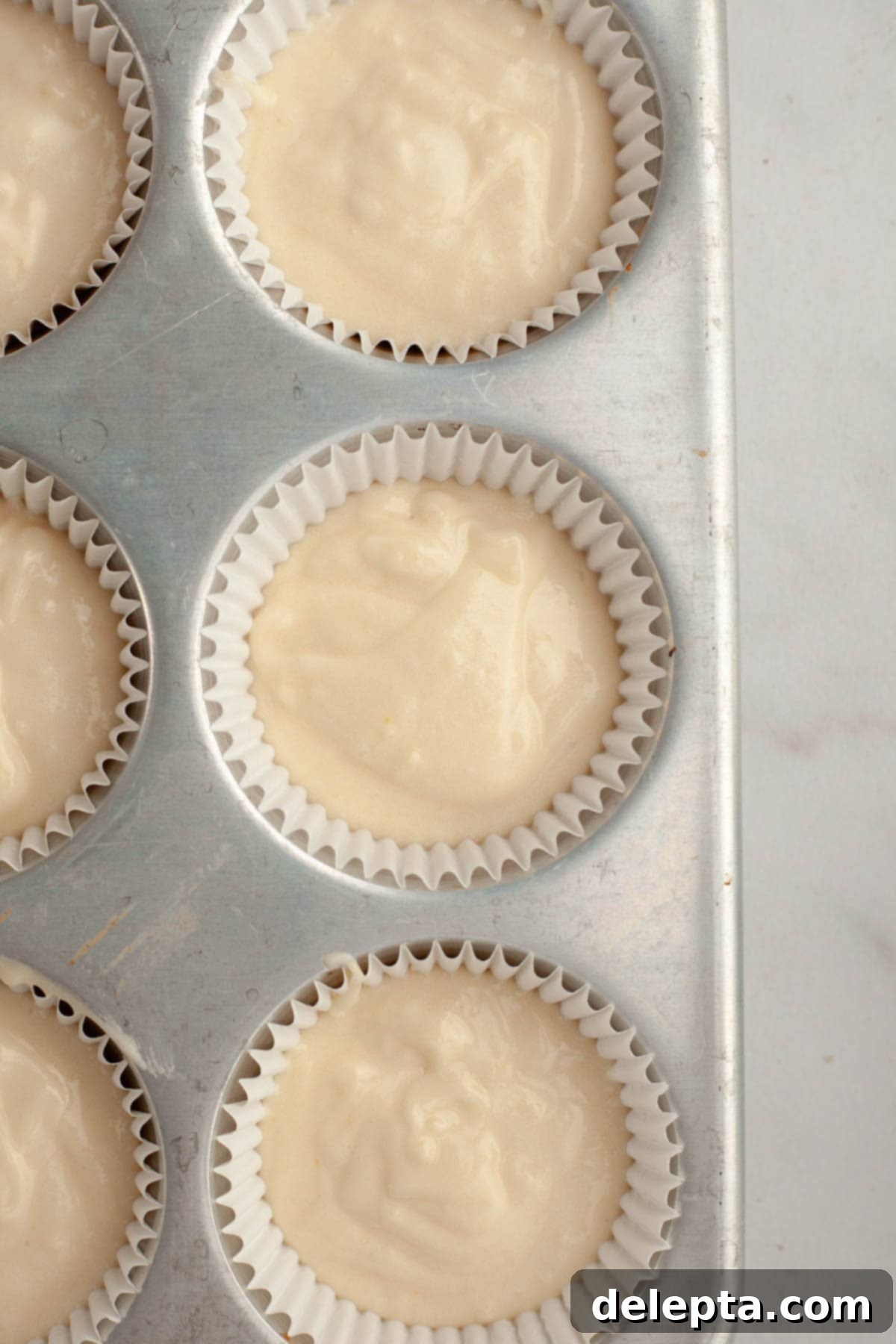 Velvety Vanilla, Chocolate Bliss 7 A cupcake pan neatly filled with unbaked vanilla cupcake batter in paper liners, each filled to approximately three-quarters full, ready to be baked.