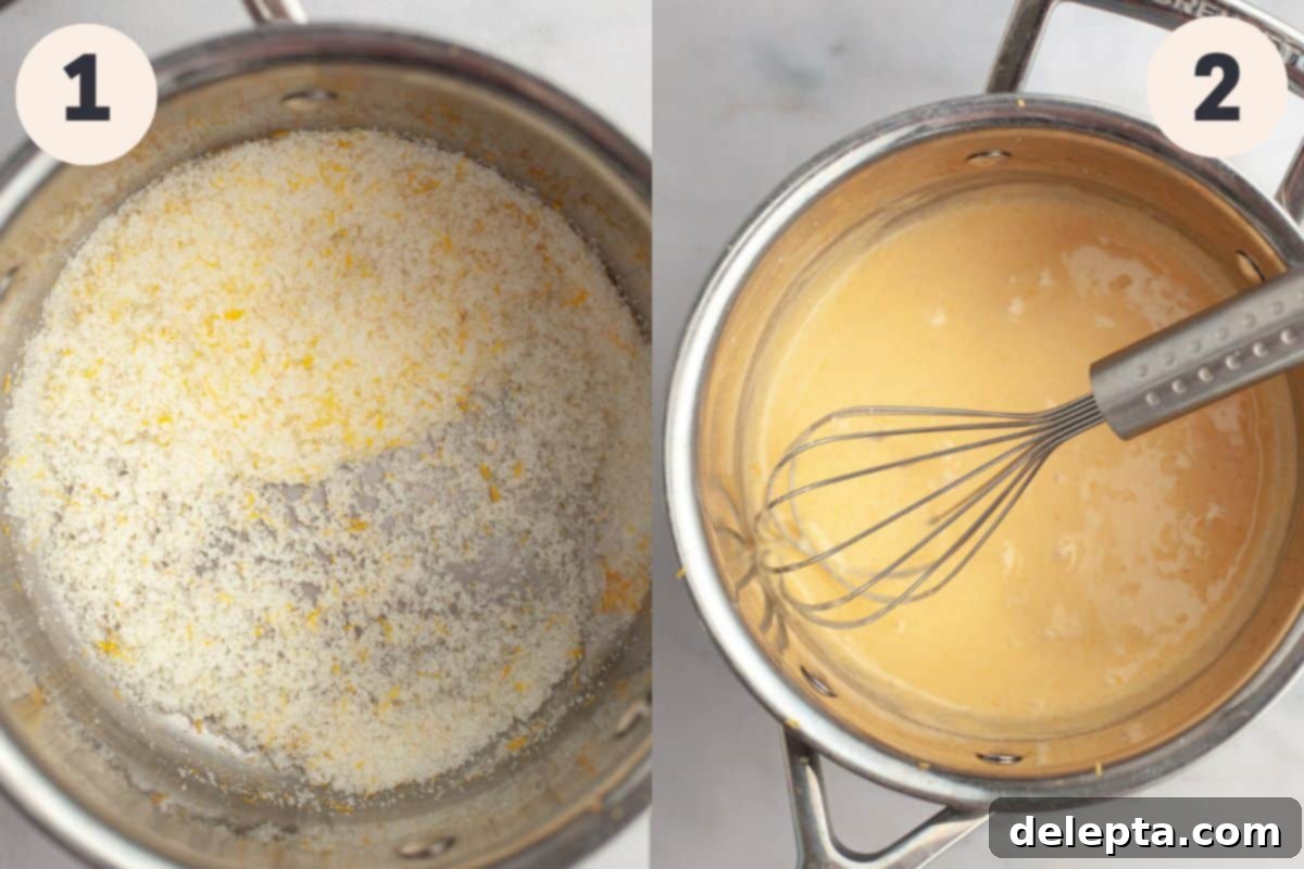 Zesty Lemon Curd Delight 5 Initial steps for making lemon curd, showing sugar being whisked with lemon zest and then with egg yolks.
