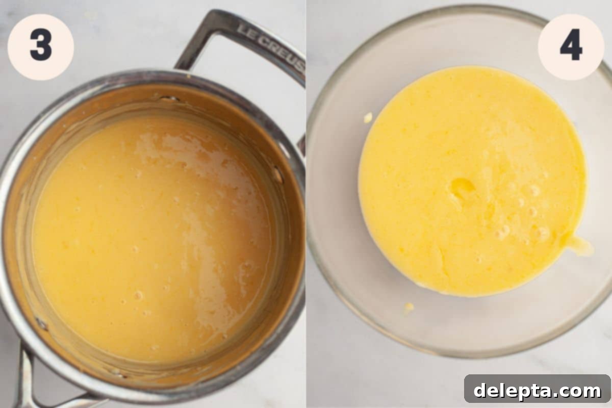 Zesty Lemon Curd Delight 6 Heating the lemon curd mixture and adding butter in the subsequent steps.