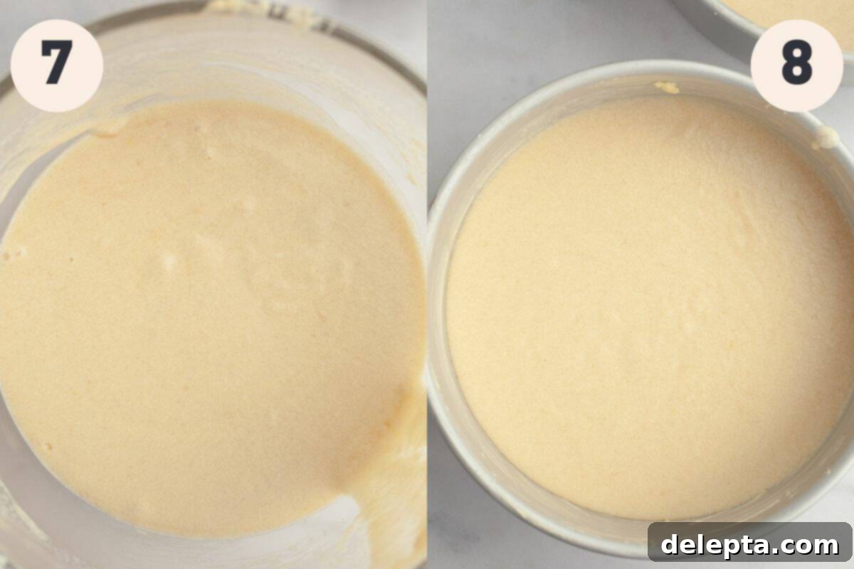 Zesty Lemon Curd Delight 8 Adding wet ingredients to the cake batter and pouring it into prepared pans.