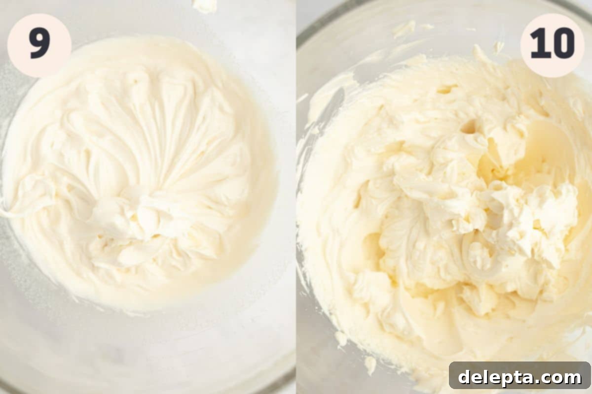 Zesty Lemon Curd Delight 9 Steps for making the cream cheese frosting, showing the initial whisking of cream and sugar.