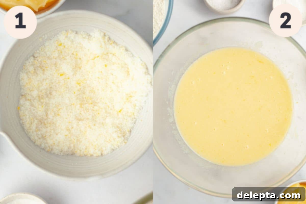 Tangy Lemon Swirl Muffins 4 Steps 1 and 2 in the lemon curd muffin baking process, showing lemon zest being rubbed into sugar and wet ingredients being whisked.