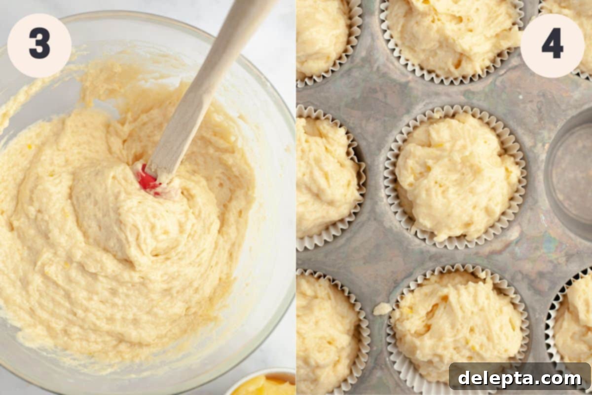 Tangy Lemon Swirl Muffins 5 Steps 3 and 4 in the lemon curd muffin baking process, showing dry ingredients being folded into wet ingredients and muffin liners being filled.