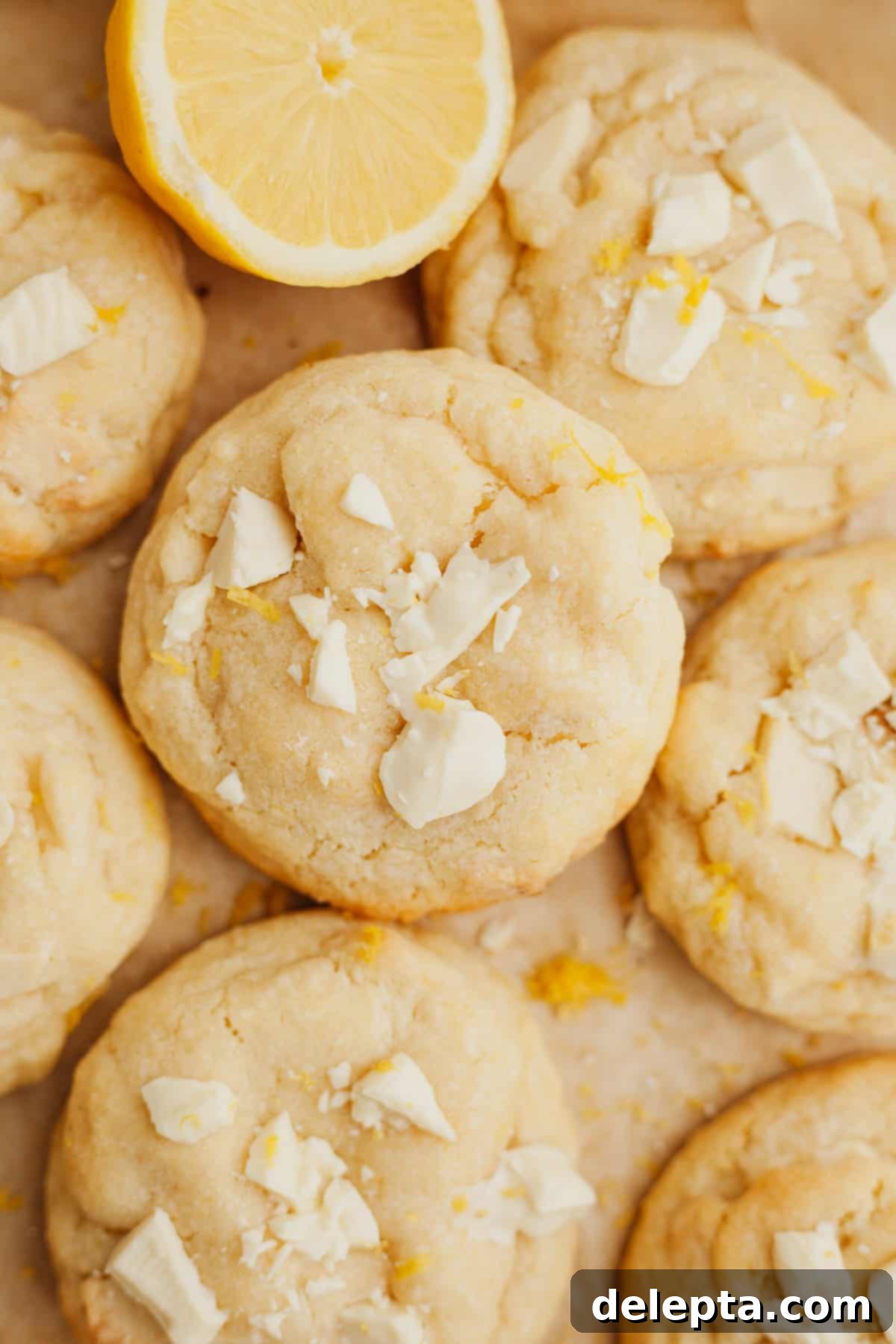 Sunshine Lemon White Chocolate Delights 2 Freshly baked lemon white chocolate cookies arranged beautifully on light brown parchment paper, ready to be enjoyed.