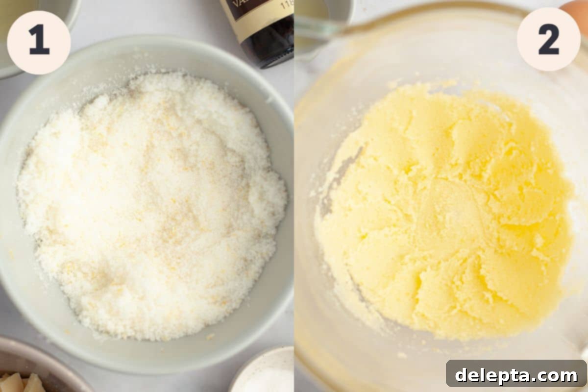 Sunshine Lemon White Chocolate Delights 4 Visual steps 1 and 2 in the lemon white chocolate cookie baking process, showing lemon zest being massaged into sugar and then creamed with butter.