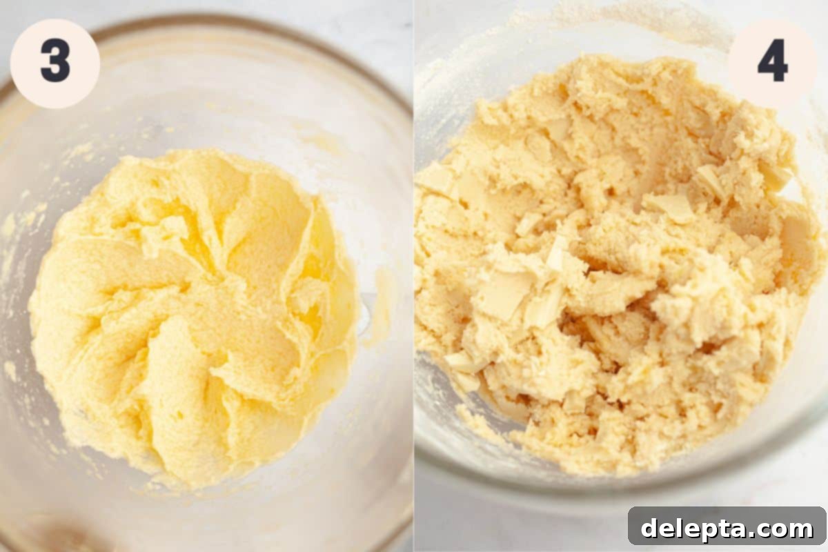 Sunshine Lemon White Chocolate Delights 5 Visual steps 3 and 4 of making lemon white chocolate cookies, showing wet ingredients being added to the creamed mixture and then dry ingredients being incorporated.