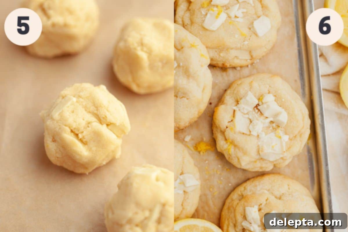 Sunshine Lemon White Chocolate Delights 6 Visual steps 5 and 6 in the lemon white chocolate cookie baking process, showing cookie dough balls on a baking sheet and baked cookies cooling.