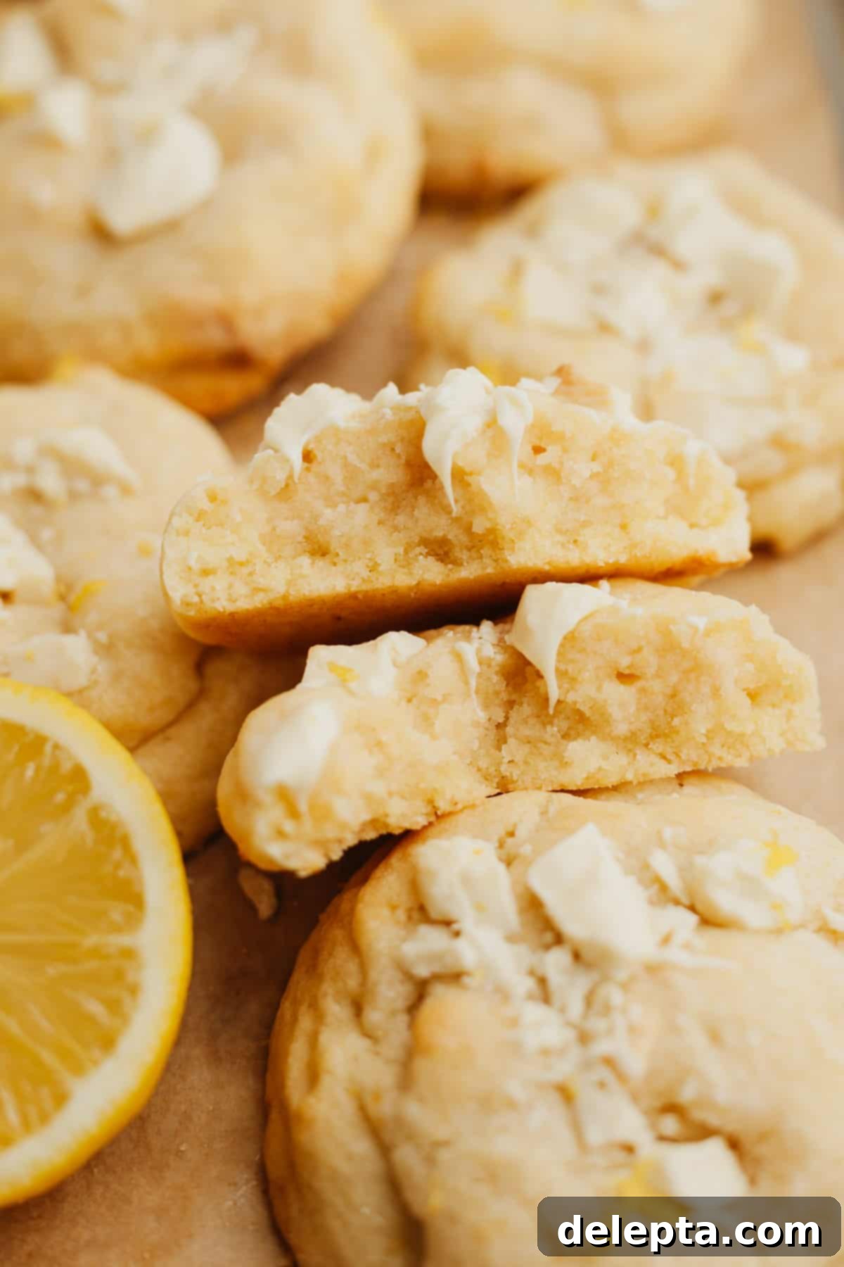 Sunshine Lemon White Chocolate Delights 7 A close-up of a perfectly baked lemon white chocolate cookie broken in half, revealing its soft, chewy interior and melty white chocolate chunks.