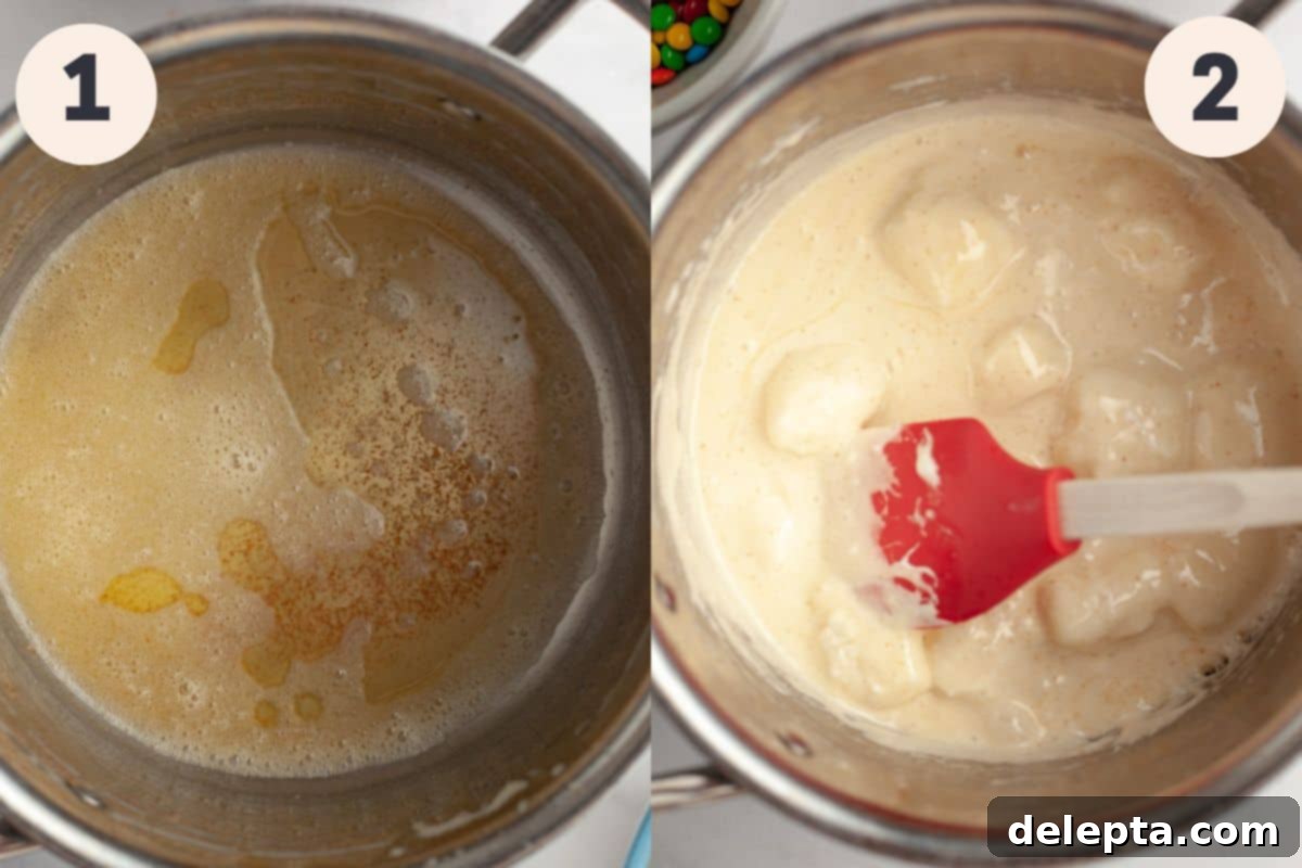 Colorful M and M Krispie Bars 4 Two images side by side. The first shows butter melting in a saucepan. The second shows marshmallows, vanilla, and salt added to the melted butter, beginning to combine.