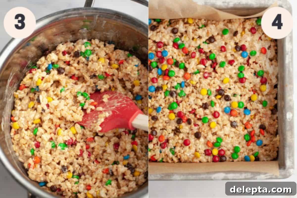 Colorful M and M Krispie Bars 5 Two images side by side. The first shows Rice Krispies cereal being added to the marshmallow mixture. The second shows M&Ms being gently folded into the cereal and marshmallow mixture in a saucepan.