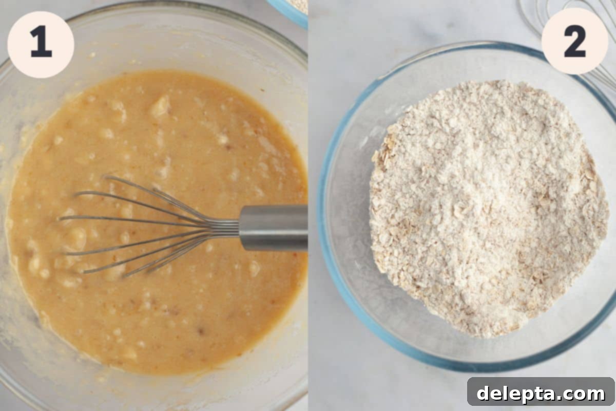 Golden Banana Bites 4 Two images side by side. The first shows mashed ripe bananas with other wet ingredients in a bowl. The second shows dry ingredients including toasted oats being whisked in a separate bowl.