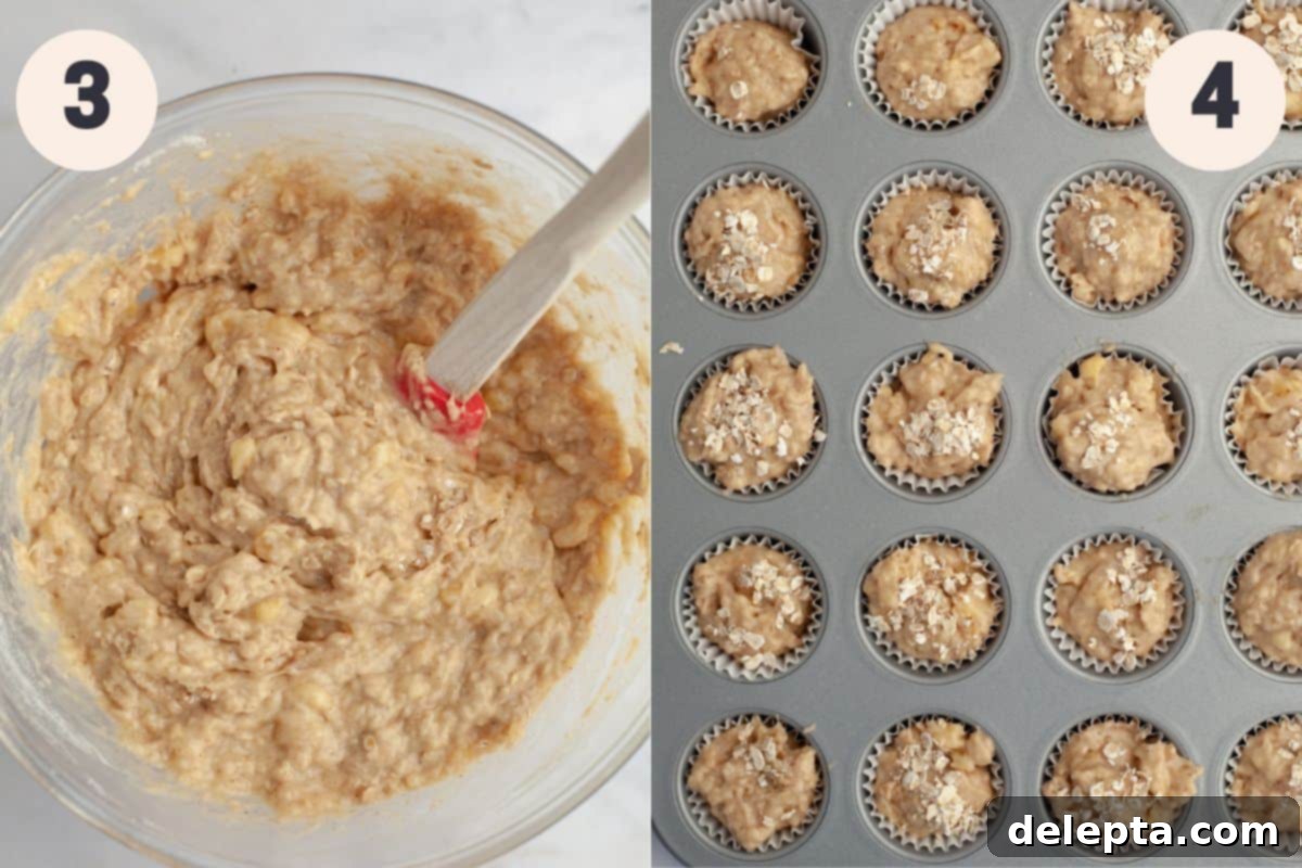 Golden Banana Bites 5 Two images side by side. The first shows the wet and dry ingredients being gently folded together with a rubber spatula. The second shows muffin batter being scooped into the prepared mini muffin pan cavities.