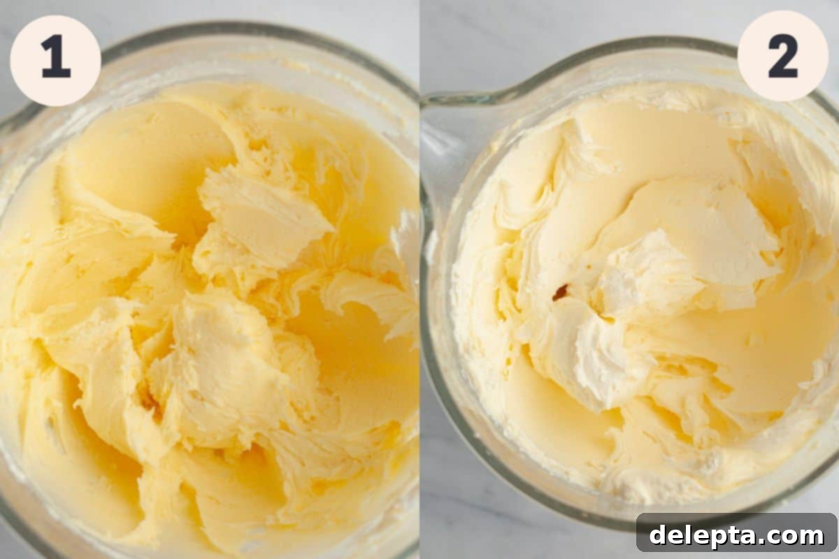 Cookies & Cream Dream Frosting 4 Image showing the first two steps of making Oreo frosting: creaming butter and powdered sugar.
