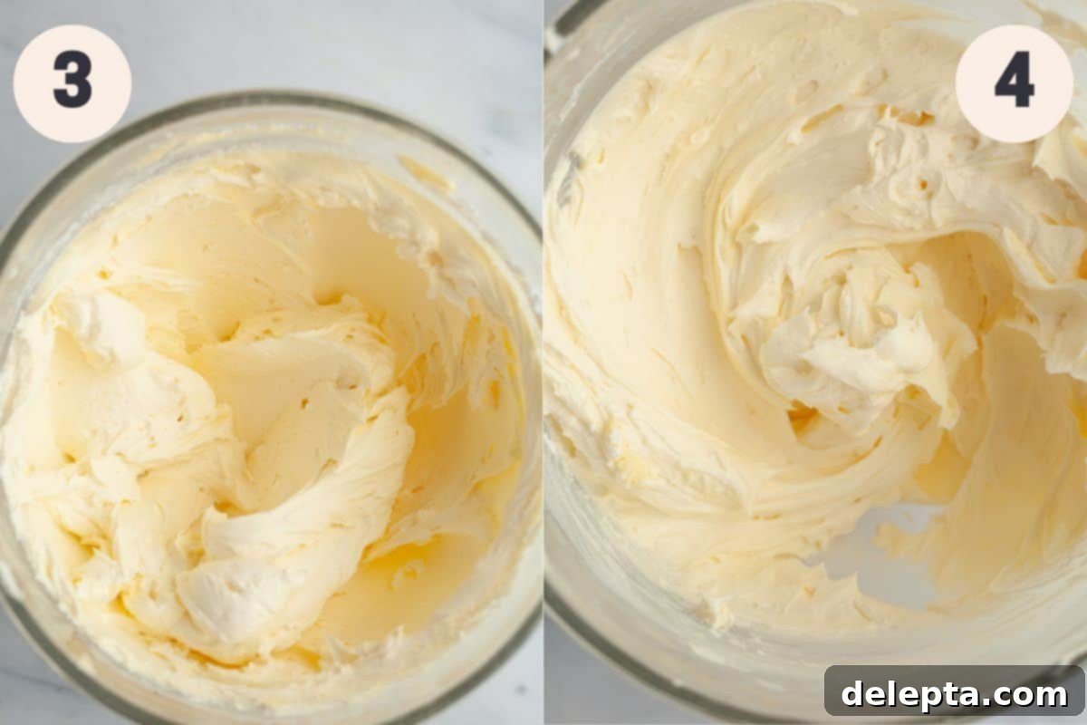 Cookies & Cream Dream Frosting 5 Image showing steps 3 and 4 of making Oreo frosting: adding vanilla and salt, then heavy cream.