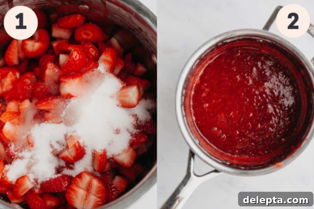 Easy 3 Ingredient Strawberry Cake Filling 4 Steps 1 and 2 in the strawberry filling for cake process, showing strawberries simmering in a saucepan.