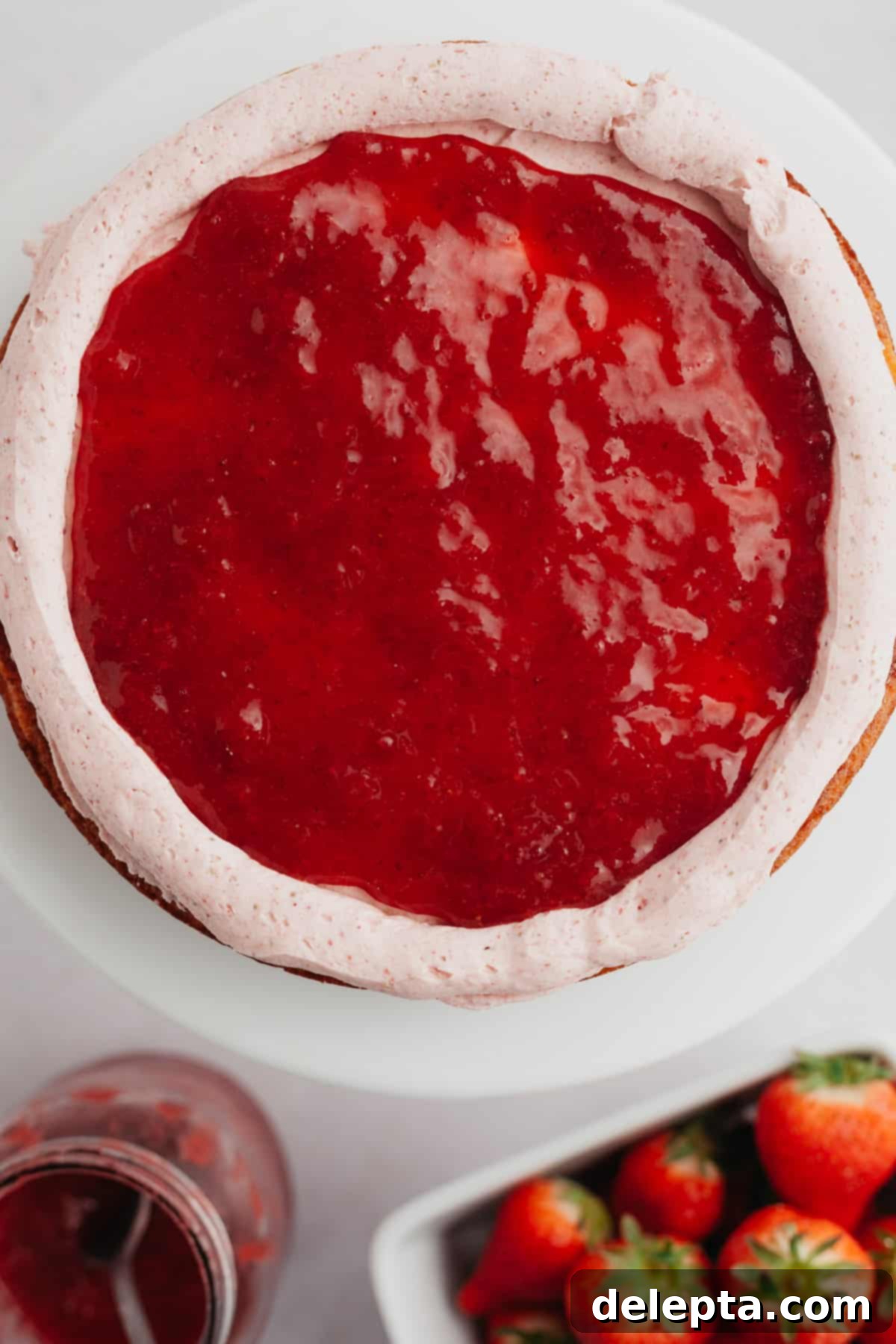 Easy 3 Ingredient Strawberry Cake Filling 5 A beautifully baked cake layer generously covered in luscious strawberry sauce, ready for the next layer.