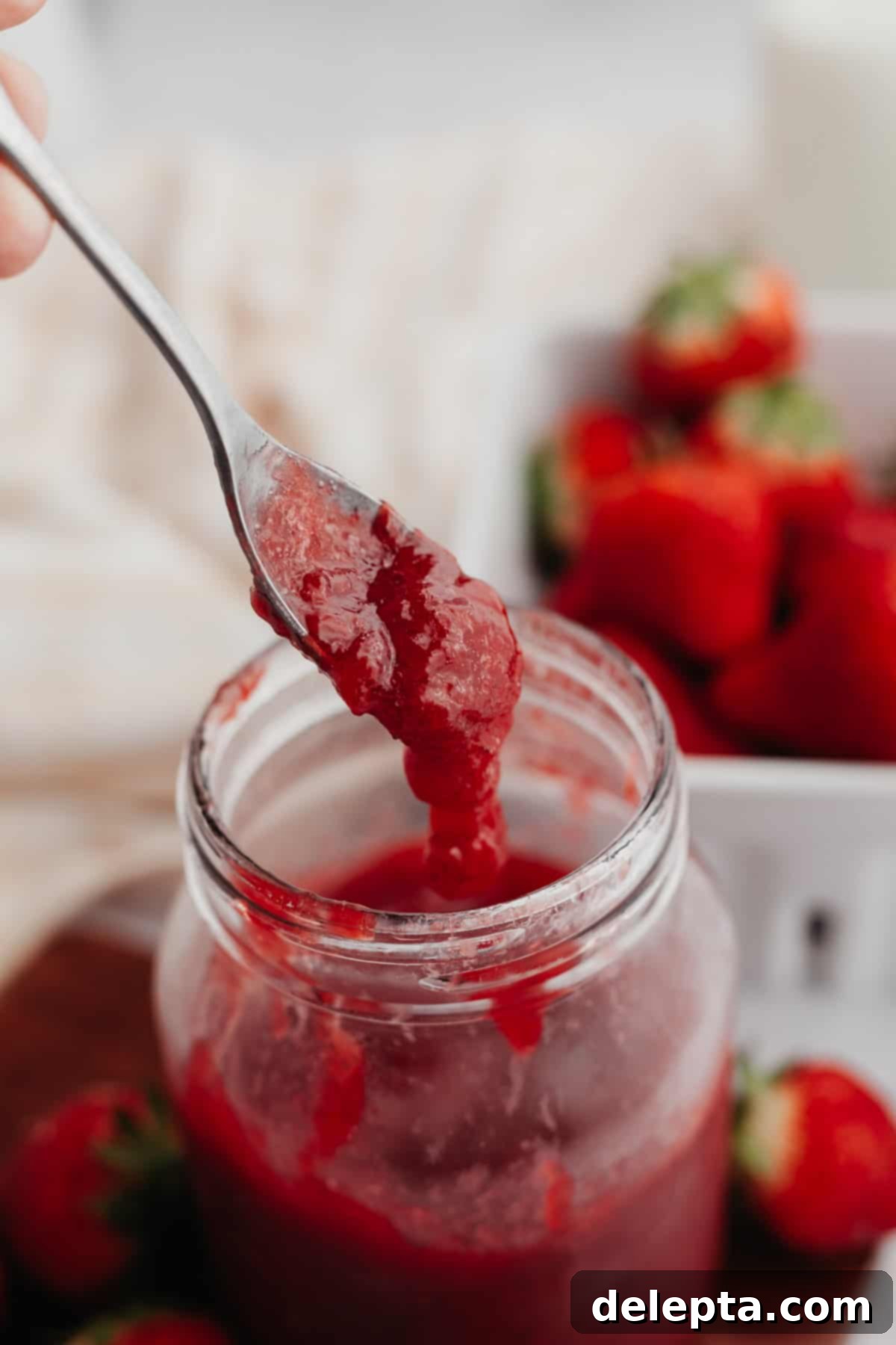Easy 3 Ingredient Strawberry Cake Filling 6 A charming jar of homemade strawberry sauce with a silver spoon resting inside, invitingly full.