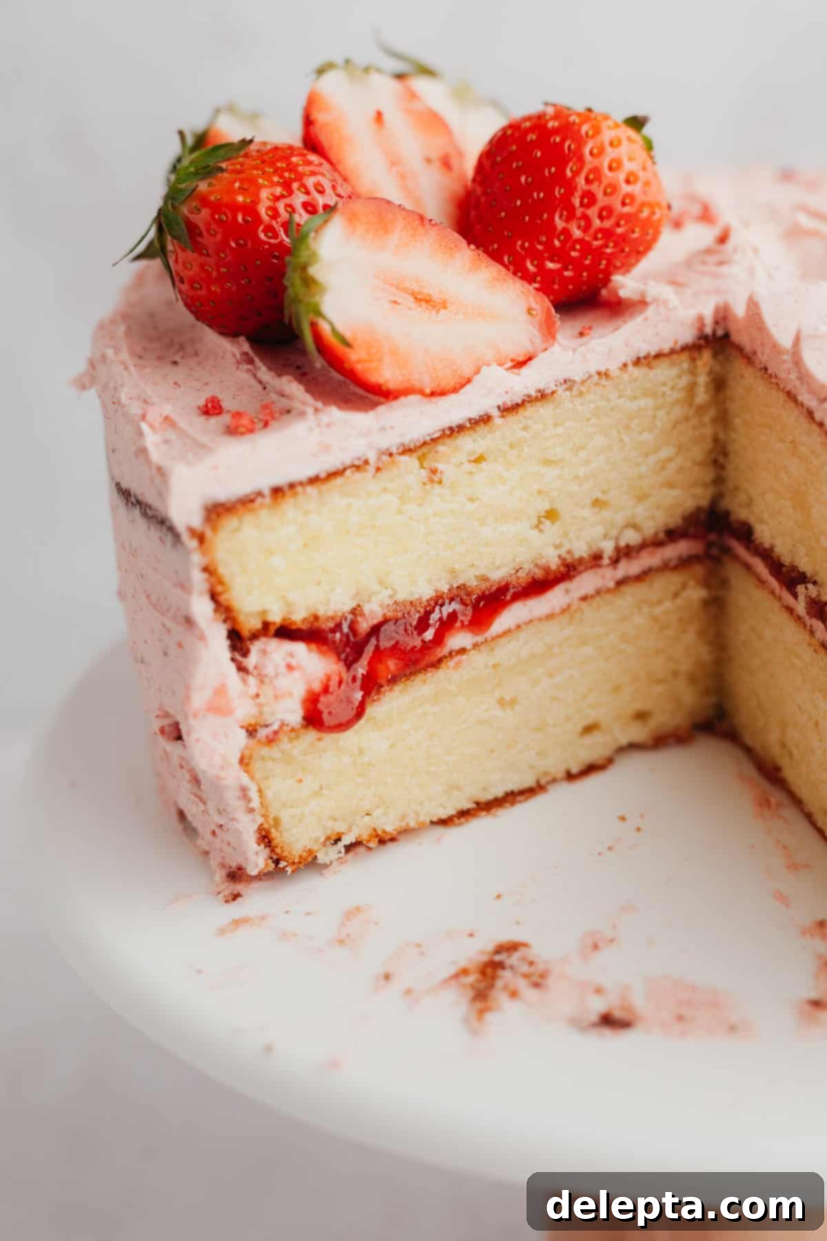 Luscious Vanilla Strawberry Cake 2 A close up of a two layer vanilla cake with a strawberry frosting, the cake has been cut.