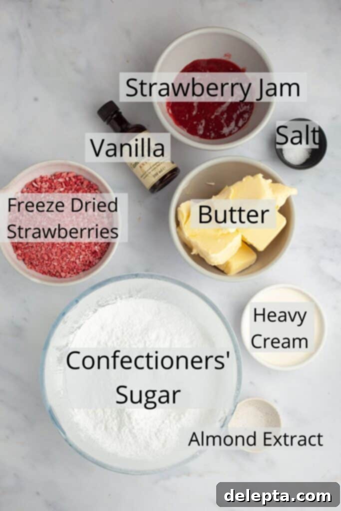 Luscious Vanilla Strawberry Cake 4 All the ingredients needed to make strawberry frosting weighed out into small bowls.