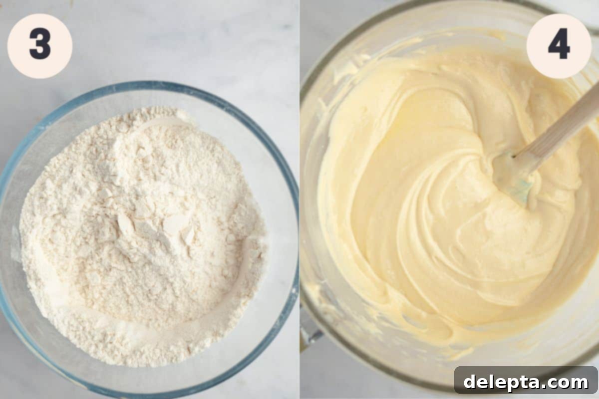 Luscious Vanilla Strawberry Cake 6 Steps 3 and 4 in the vanilla cake with strawberry filling baking process.