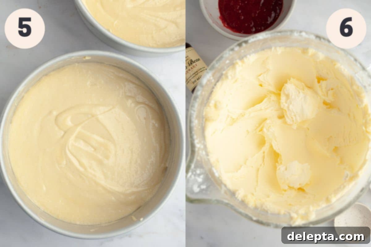 Luscious Vanilla Strawberry Cake 7 Steps 5 and 6 in the vanilla cake with strawberry filling baking process.