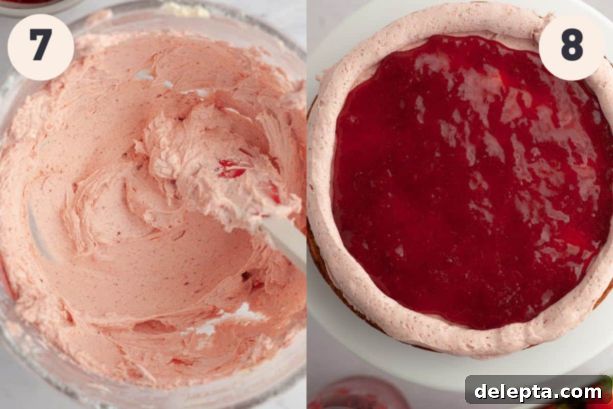 Luscious Vanilla Strawberry Cake 8 Steps 7 and 8 in the vanilla cake with strawberry filling baking process.