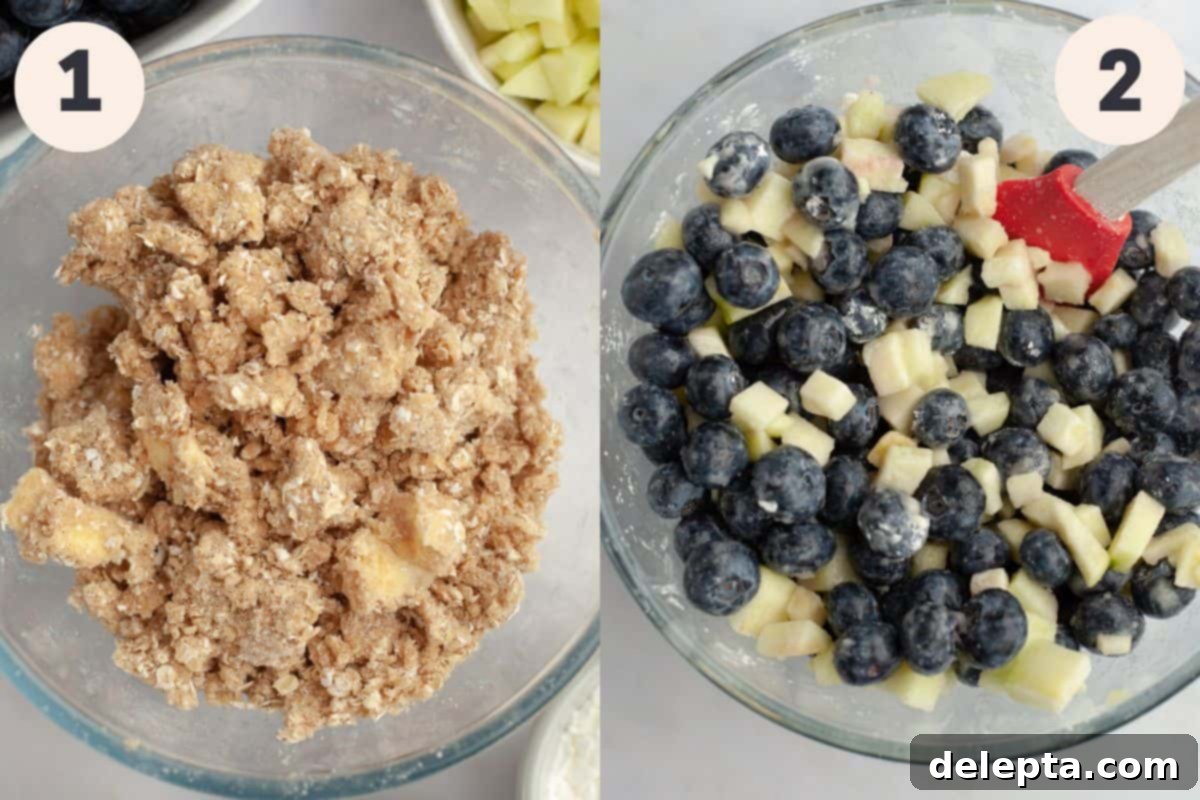 Golden Apple and Berry Crumble 4 Two sequential images illustrating the initial stages of preparing the blueberry apple crumble: first, mixing the dry ingredients for the streusel with cold butter, and second, gently combining the fresh fruit filling ingredients in a large bowl.