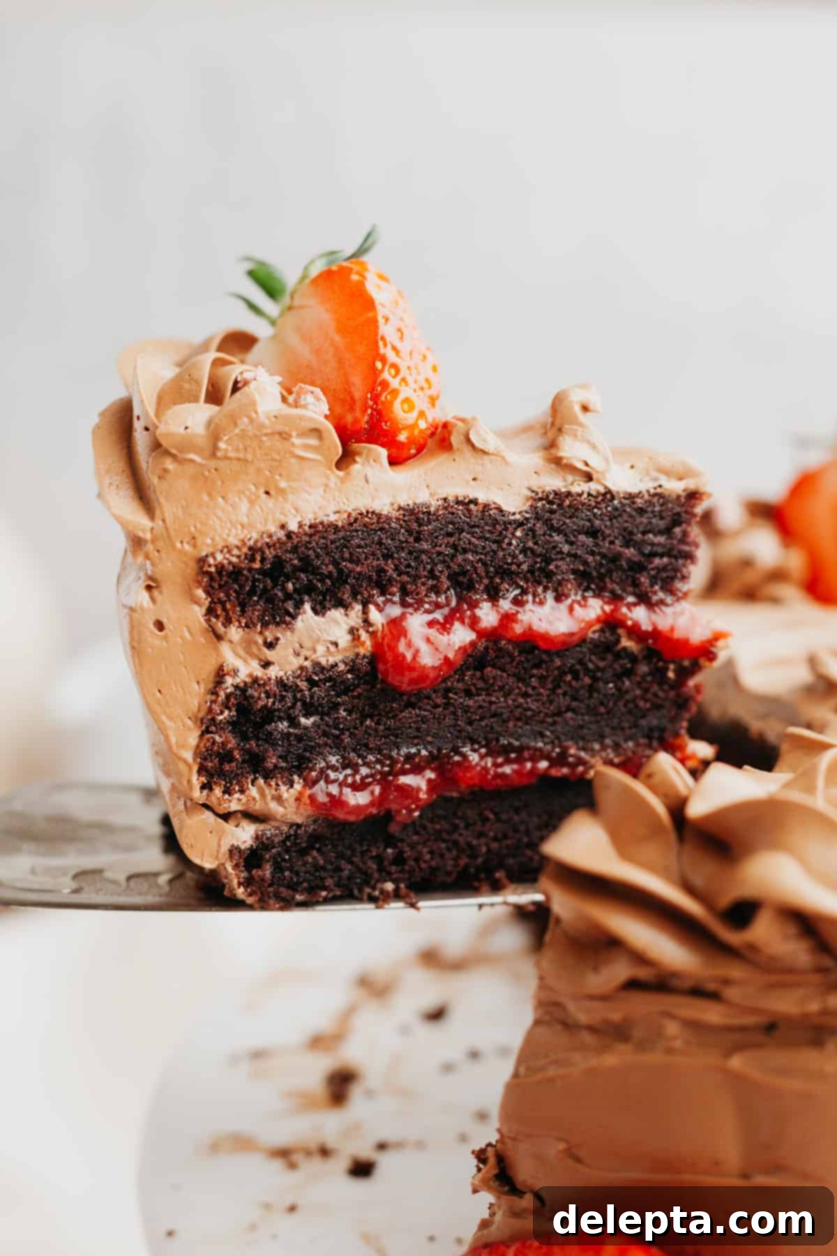 Decadent Chocolate Strawberry Cake 2 A glorious slice of chocolate cake with strawberry filling, revealing rich chocolate layers and a vibrant red strawberry center, topped with smooth chocolate frosting.
