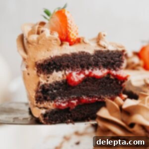 Decadent Chocolate Strawberry Cake 12 A slice of chocolate cake with strawberry filling and chocolate frosting.
