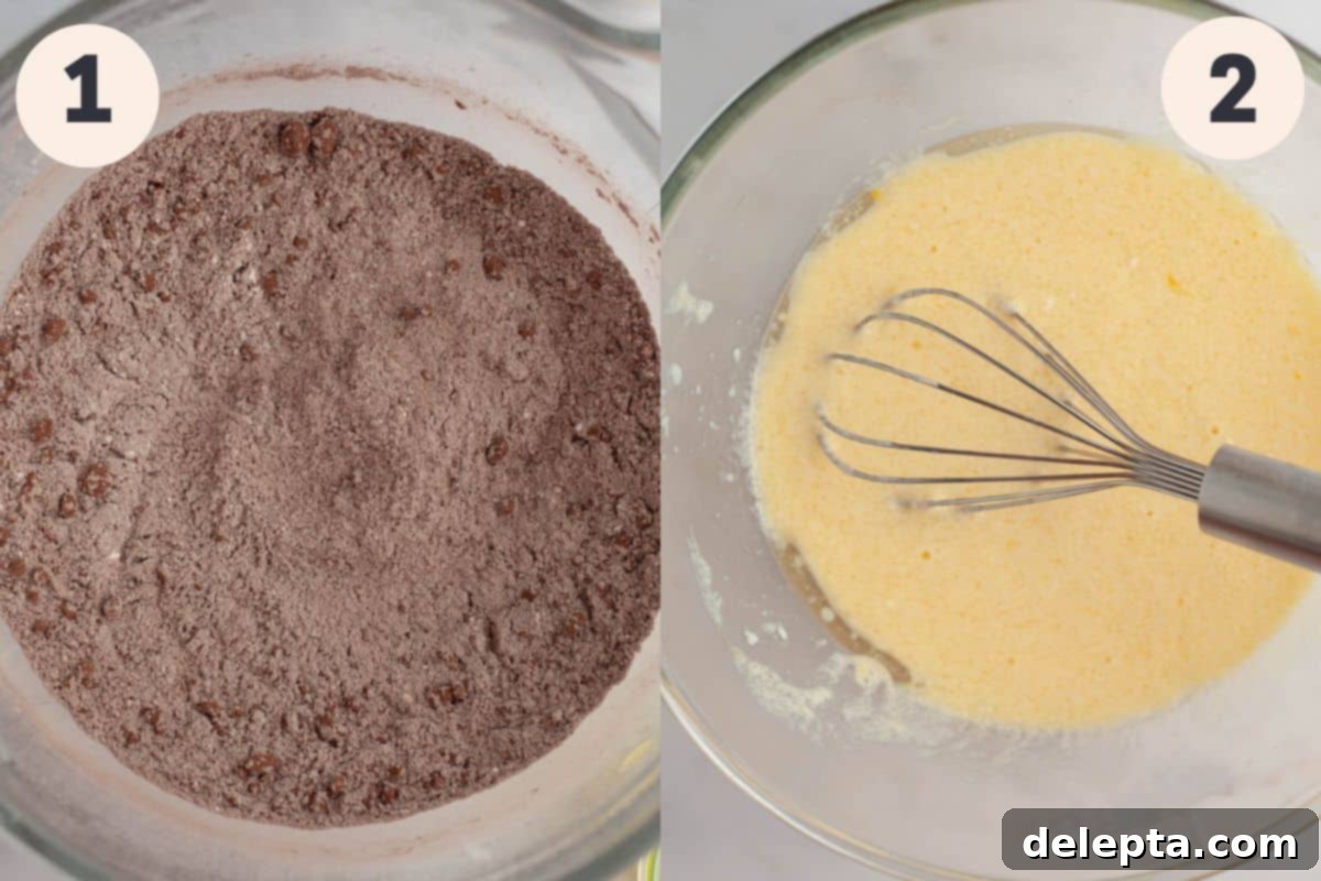 Decadent Chocolate Strawberry Cake 5 Two images showing the initial steps of combining dry ingredients and whisking wet ingredients for chocolate cake batter.