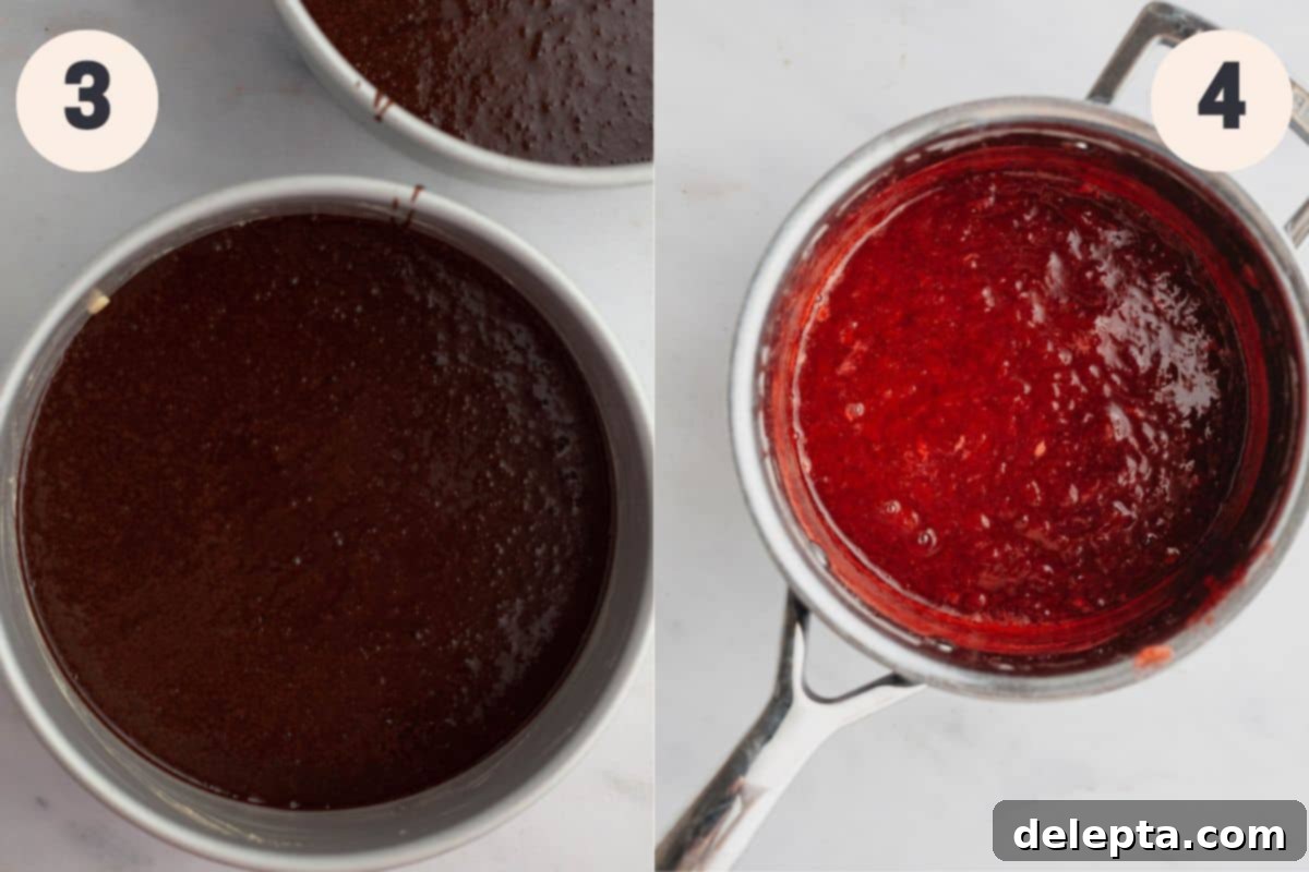 Decadent Chocolate Strawberry Cake 6 Images showing wet ingredients being added to dry ingredients, and strawberry filling simmering on a stovetop.