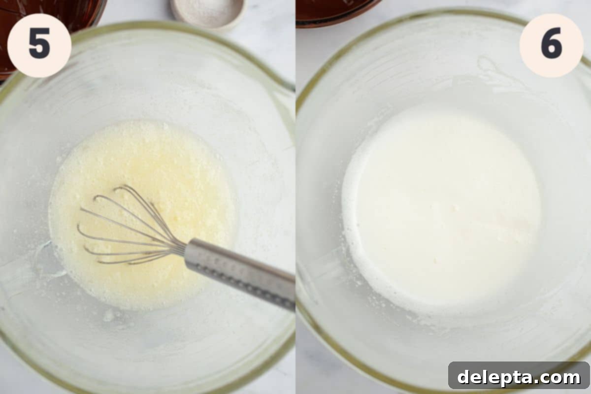 Decadent Chocolate Strawberry Cake 7 Images demonstrating the process of making Swiss meringue buttercream: whisking egg whites over a double boiler and whipping meringue to stiff peaks.