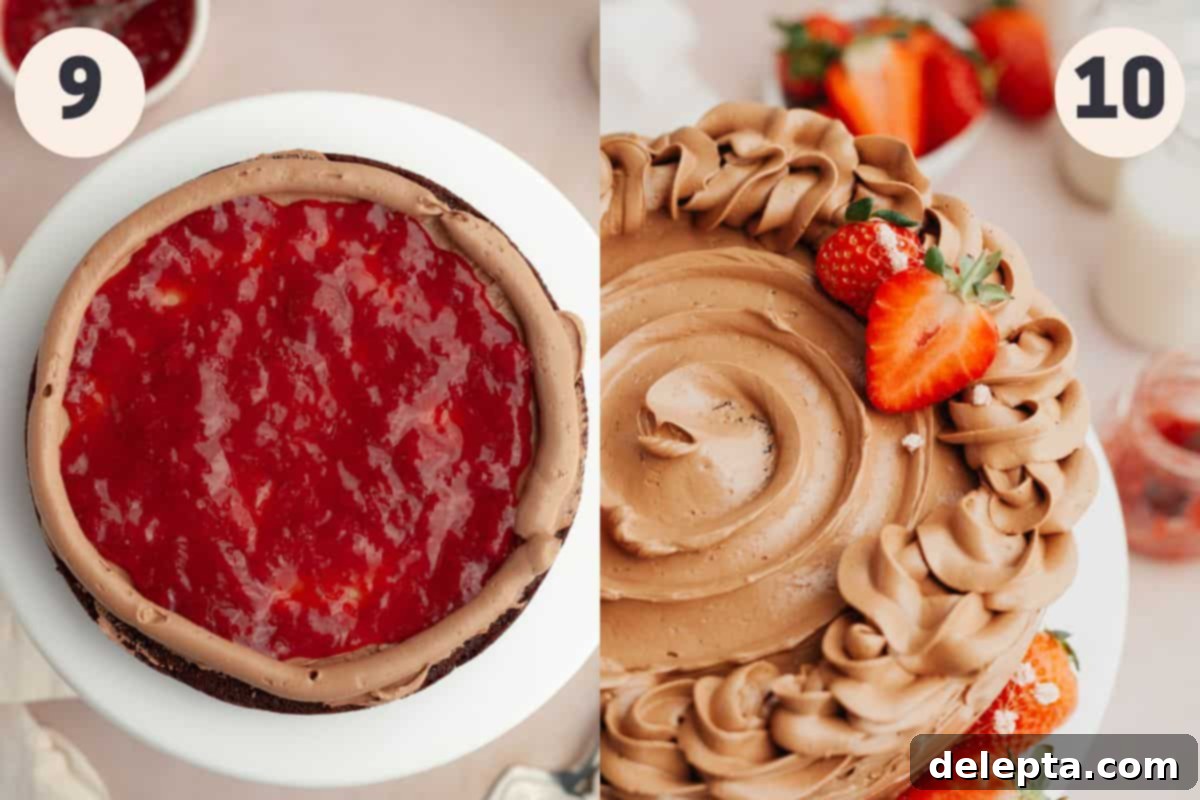 Decadent Chocolate Strawberry Cake 9 Images depicting cake assembly: piping a frosting dam and spreading strawberry filling, then layering cake with frosting.