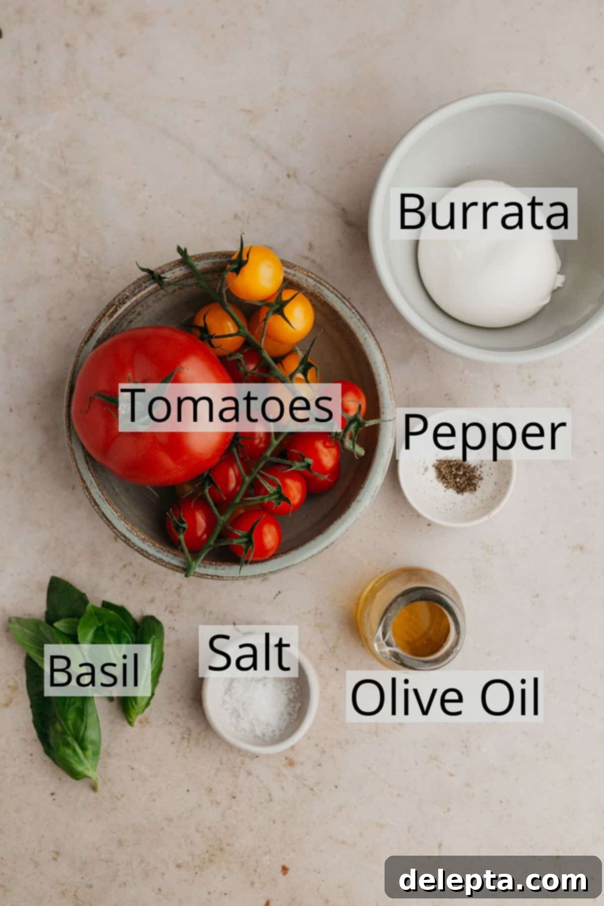 Fresh Burrata Caprese 3 All the ingredients needed to make burrata caprese salad.