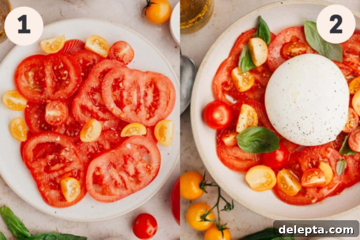 Fresh Burrata Caprese 4 Steps 1 and 2 in the burrata caprese salad process.