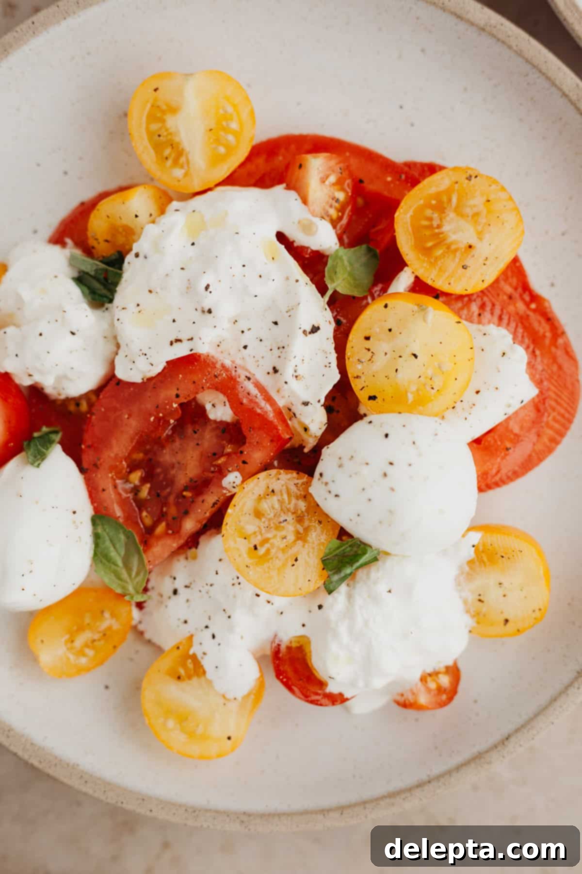 Fresh Burrata Caprese 5 A close up of a caprese burrata salad.