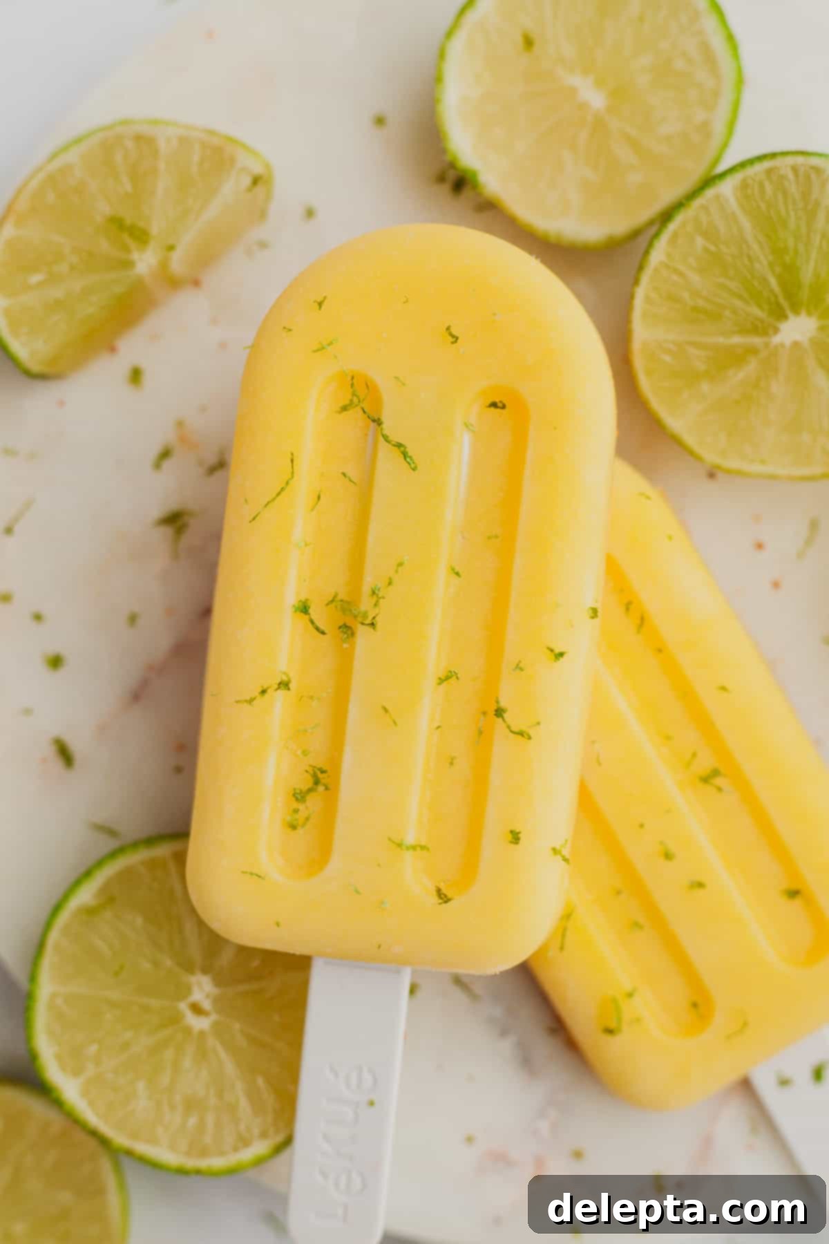 Irresistible Mango Ice Pops 2 Two mango popsicles on a white plate with some slices of lime.