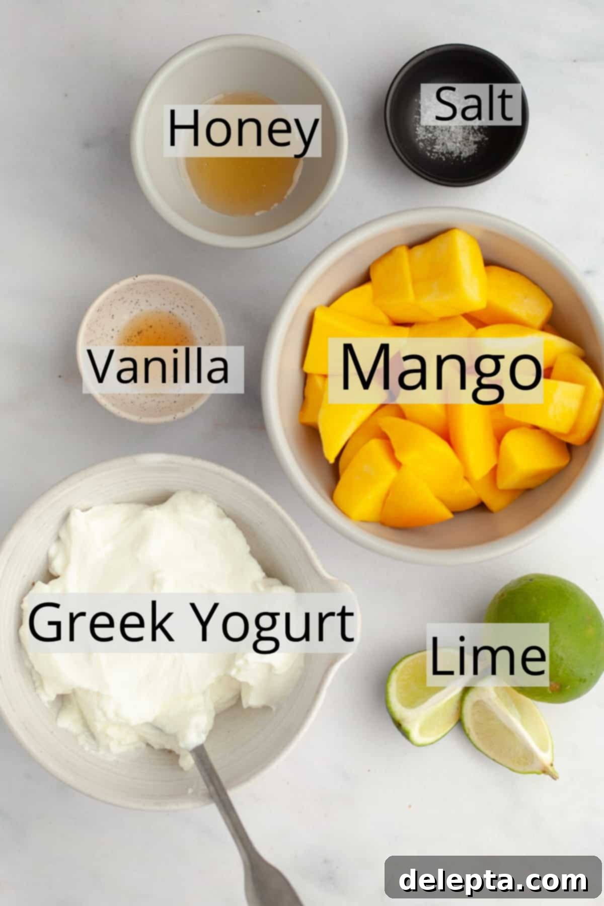 Irresistible Mango Ice Pops 3 All the ingredients needed to make mango popsicles weighed out into small bowls.