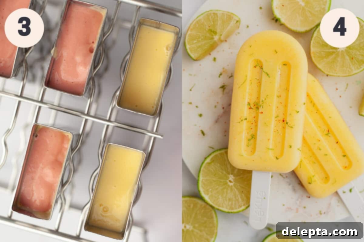 Irresistible Mango Ice Pops 5 Steps 3 and 4 in the mango popsicle process.