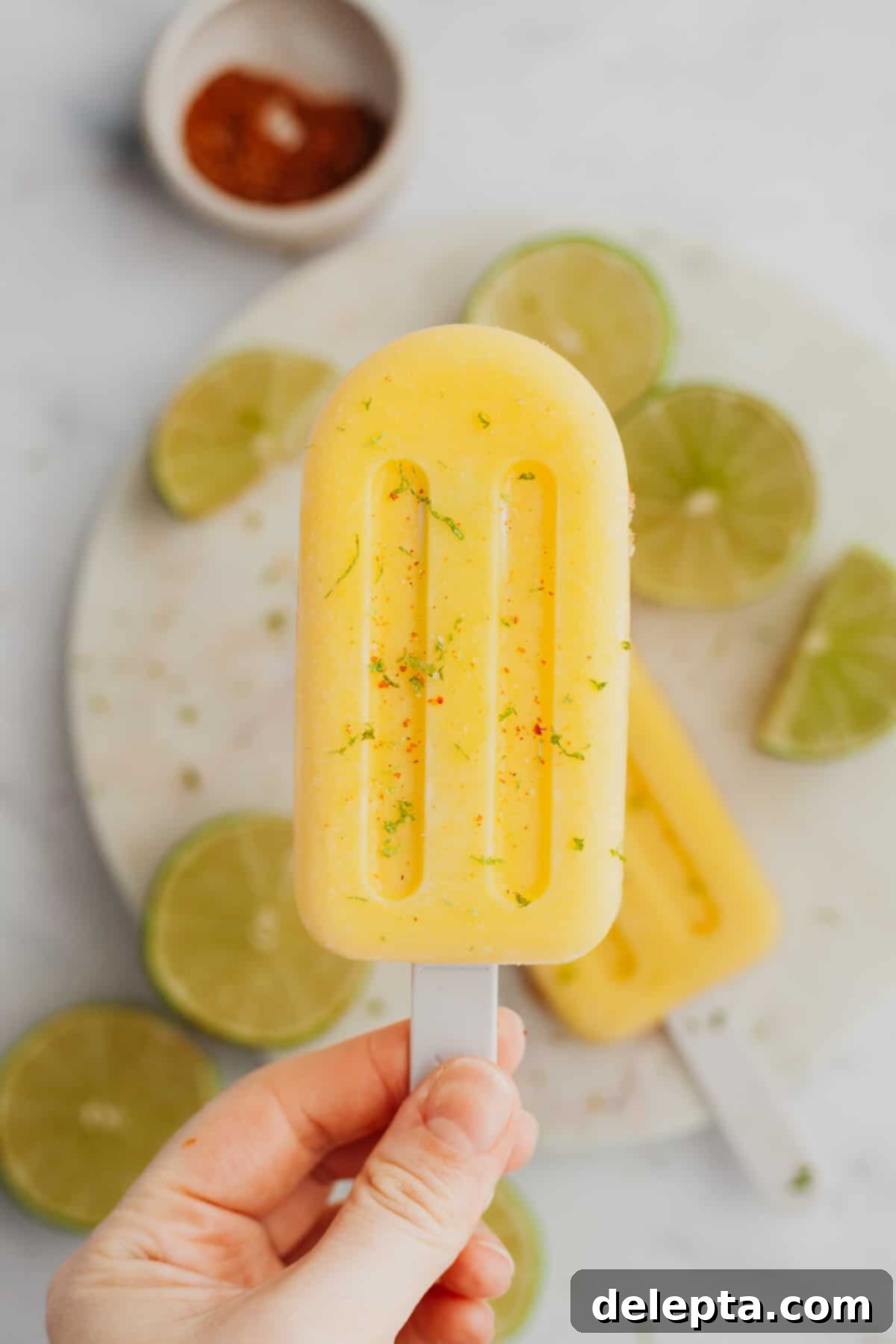 Irresistible Mango Ice Pops 6 Two mango popsicles on a white plate with some slices of lime.