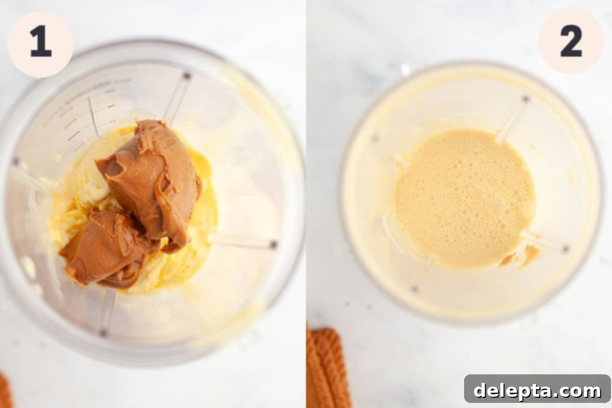 Creamy Biscoff Milkshake 4 Steps 1 and 2 in the biscoff milkshake process, showing ingredients in a blender and then being blended.
