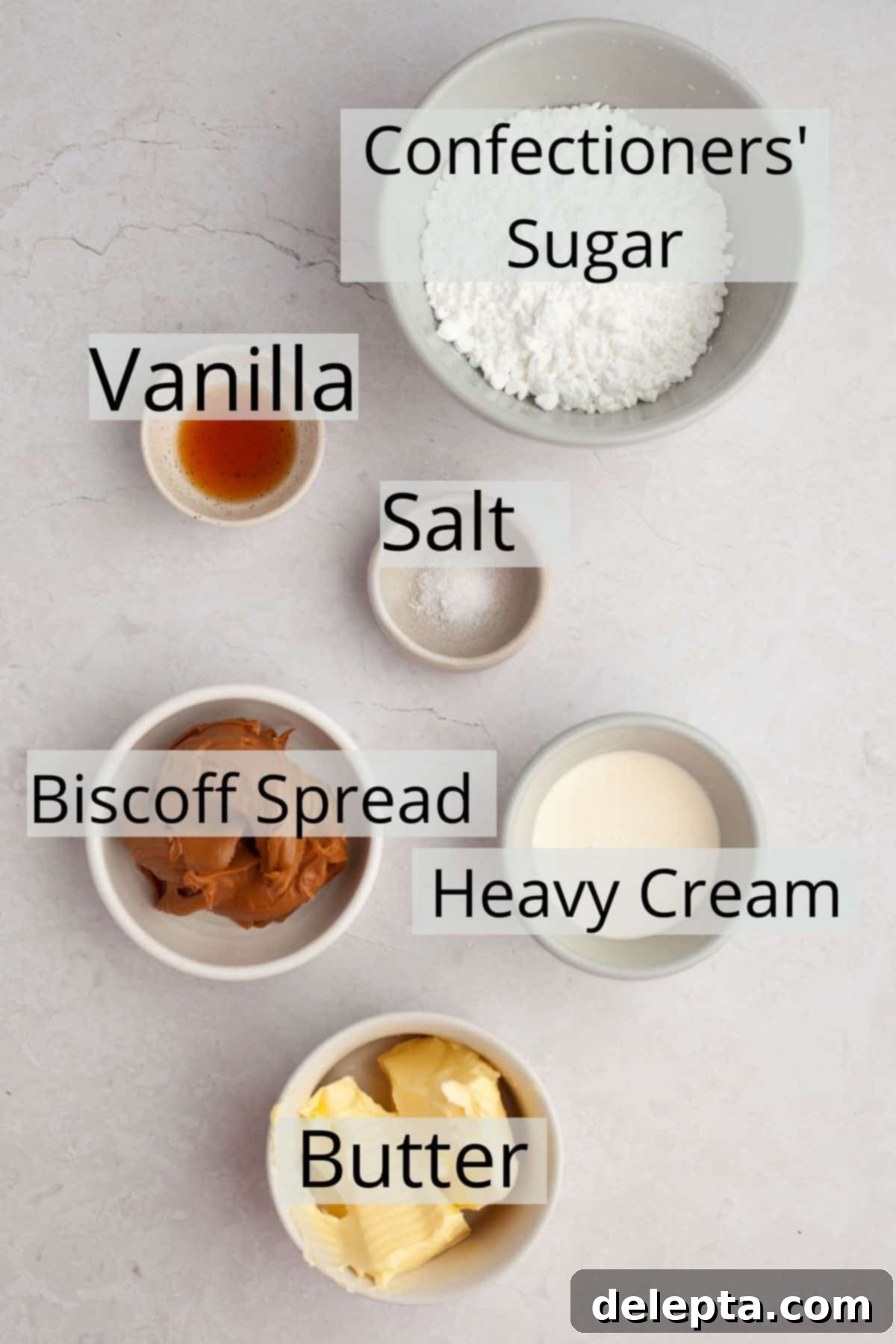 Dreamy Biscoff Buttercream Just 5 Ingredients 3 All the ingredients to make Biscoff buttercream weighed out into small bowls.